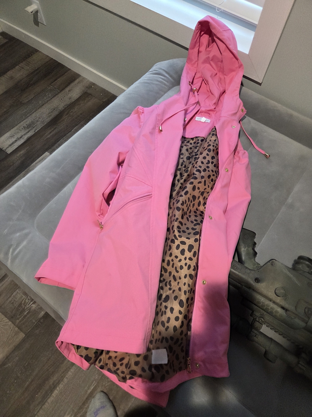 crown & ivy Hot Pink Hooded Raincoat with Leopard Lining